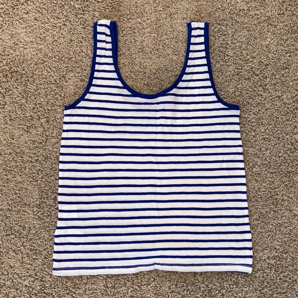 J Crew Vintage Cotton Scoopneck Tank in Stripe White Blue Size Medium - Picture 2 of 9